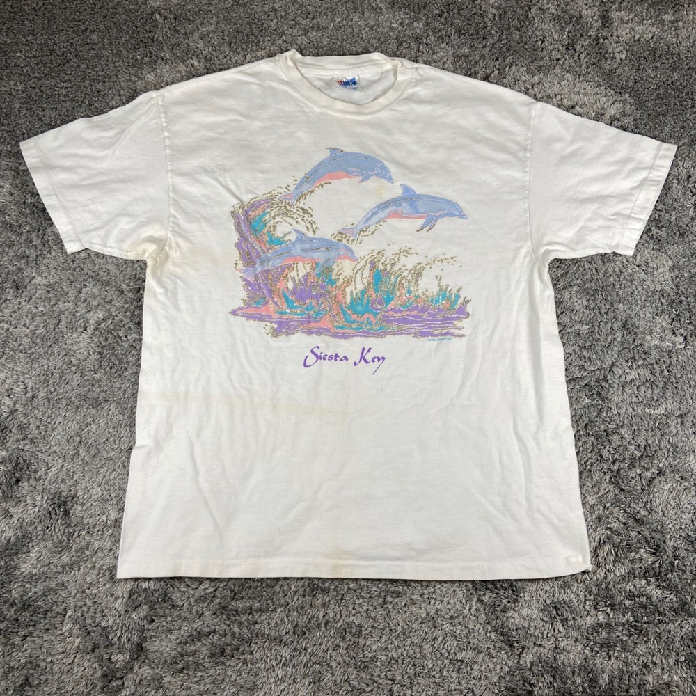 Vintage Siesta Key Shirt Men XL White Florida Dolphin‎ Sparkle Hanes 1993 USA